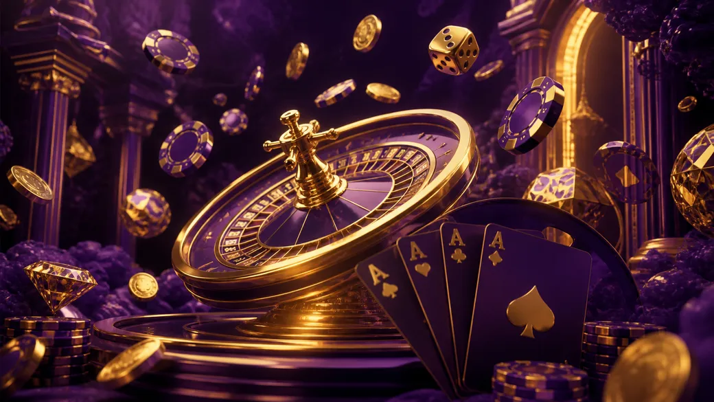 Futuristic holographic style hero banner with glowing casino elements like poker chips, playing cards, and dice in a luxuriou