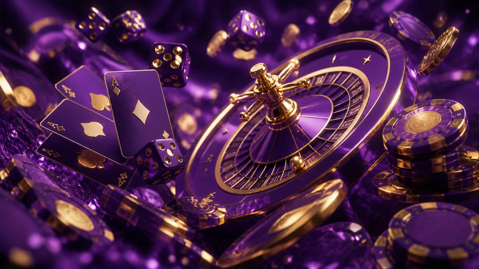 Hero banner featuring luxurious casino themes with poker chips, dice, and glowing neon elements in a two-color palette.